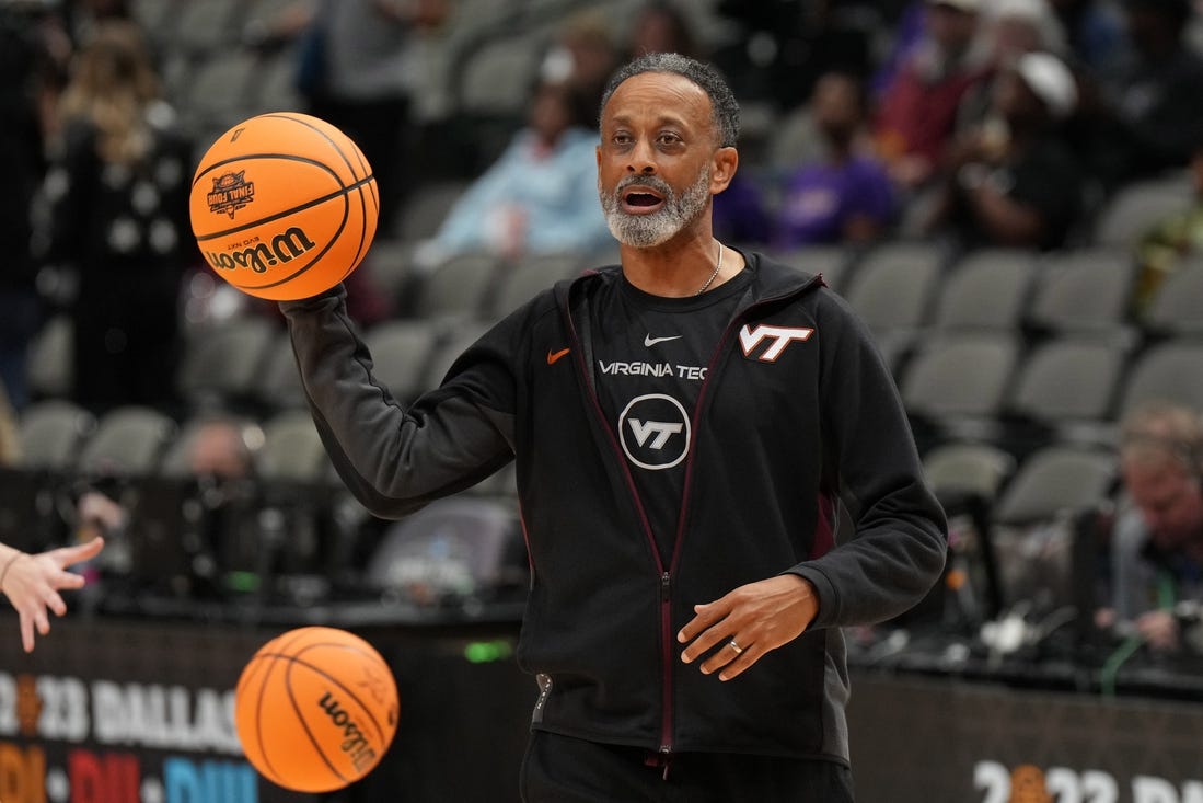 Mar 30, 2023; Dallas, TX, USA; Virginia Tech Hokies coach Kenny Brooks during practice at the American Airlines Center. Mandatory Credit: Kirby Lee-USA TODAY Sports