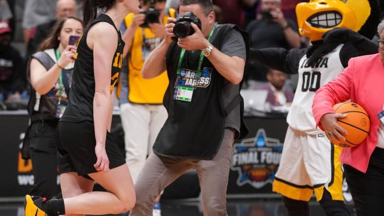 Iowa guard Caitlin Clark (22) celebrates a win over South Carolina during the 2023 NCAA Women's Final Four.