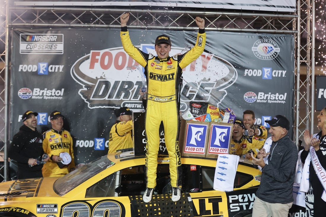 Apr 9, 2023; Bristol, Tennessee, USA; NASCAR Cup Series driver Christopher Bell (20) wins the Food City Dirt Race at the Bristol Motor Speedway Dirt Course. Mandatory Credit: Randy Sartin-USA TODAY Sports