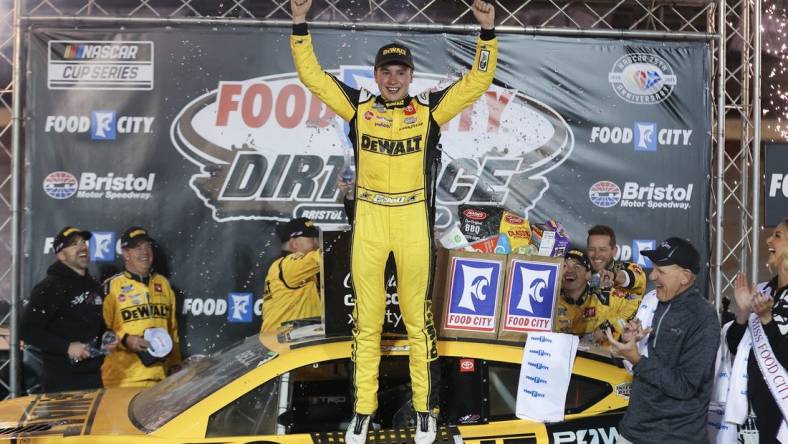 Apr 9, 2023; Bristol, Tennessee, USA; NASCAR Cup Series driver Christopher Bell (20) wins the Food City Dirt Race at the Bristol Motor Speedway Dirt Course. Mandatory Credit: Randy Sartin-USA TODAY Sports