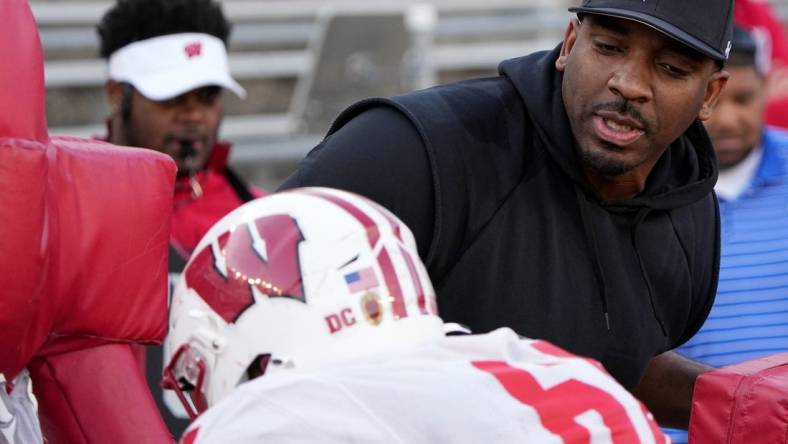 Apr 11, 2023; Madison, WI, USA; Wisconsin defensive line coach Greg Scruggs is shown during practice Tuesday, April 11, 2023 at Camp Randall Stadium in Madison, Wis. Mandatory Credit: Mark Hoffman-USA TODAY Sports