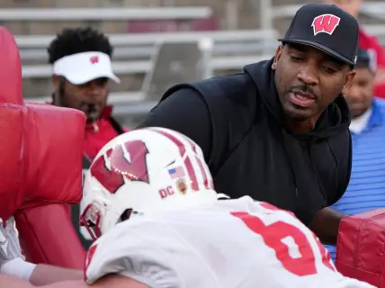 Apr 11, 2023; Madison, WI, USA; Wisconsin defensive line coach Greg Scruggs is shown during practice Tuesday, April 11, 2023 at Camp Randall Stadium in Madison, Wis. Mandatory Credit: Mark Hoffman-USA TODAY Sports