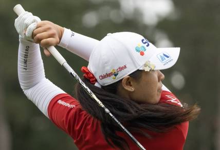 Apr 20, 2023; The Woodlands, Texas, USA; Pajaree Anannarukarn  (THA) drives from the fifth tee during the first round of The Chevron Championship golf tournament. Mandatory Credit: Thomas Shea-USA TODAY Sports