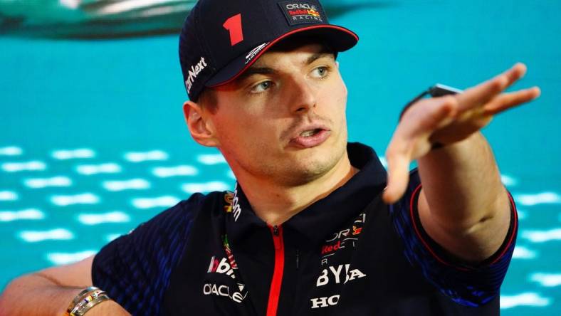 May 4, 2023; Miami Gardens, Florida, USA;  Red Bull driver Max Verstappen (1) of the Netherlands talks with the media during a breakout media session at Miami International Autodrome. Mandatory Credit: John David Mercer-USA TODAY Sports