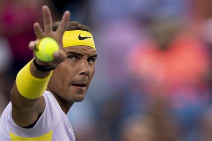 Rafael Nadal waives to the crowd before his match against Borna Coric in the Western & Southern Open at the Lindner Family Tennis Center in Mason, Ohio, on Wednesday, Aug. 17, 2022.