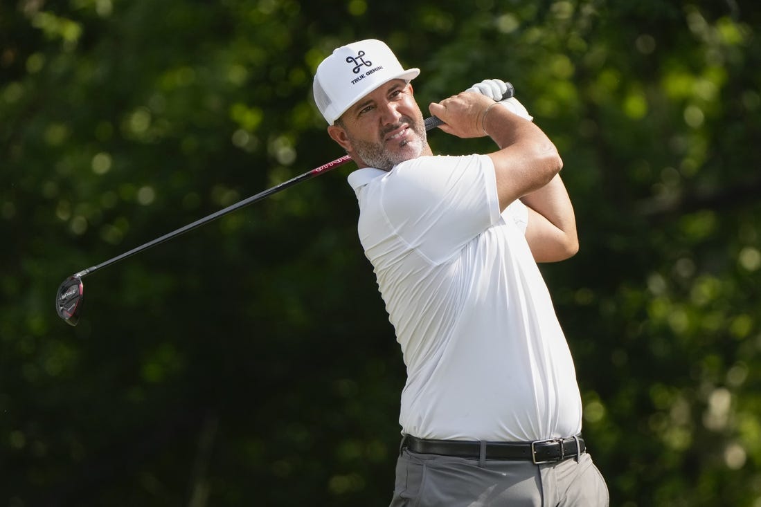 May 26, 2023; Fort Worth, Texas, USA; Scott Piercy plays his shot from the sixth tee during the second round of the Charles Schwab Challenge golf tournament. Mandatory Credit: Jim Cowsert-USA TODAY Sports