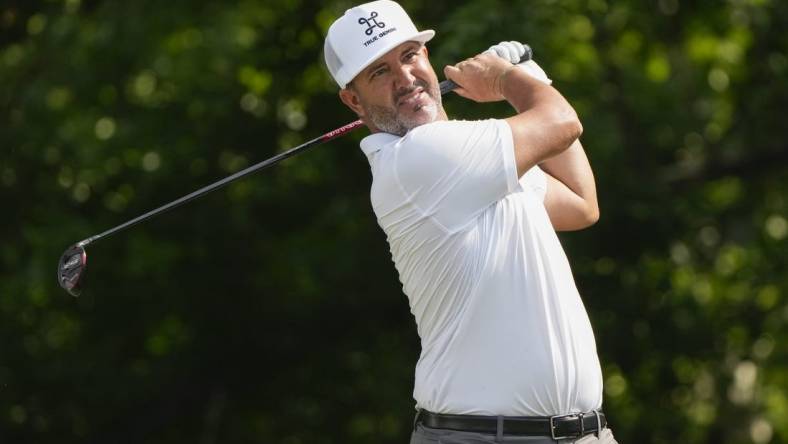 May 26, 2023; Fort Worth, Texas, USA; Scott Piercy plays his shot from the sixth tee during the second round of the Charles Schwab Challenge golf tournament. Mandatory Credit: Jim Cowsert-USA TODAY Sports