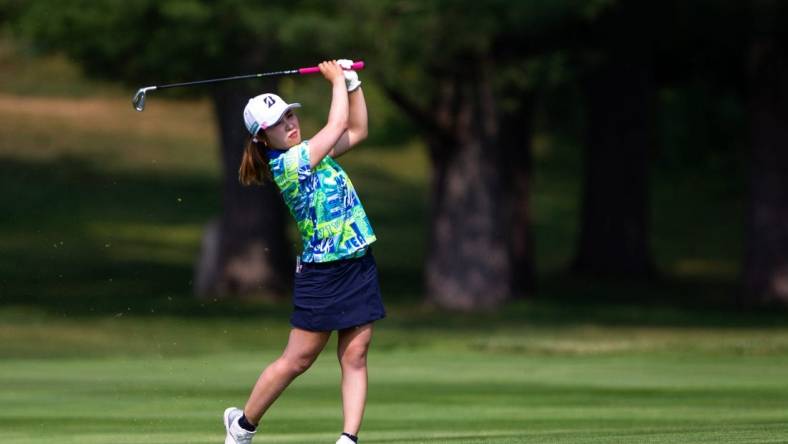 Ayaka Furue hits her ball to the green at hole 14 Saturday, June 17, 2023, at Blythefield Country Club in Belmont, MI.