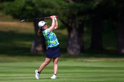 Ayaka Furue hits her ball to the green at hole 14 Saturday, June 17, 2023, at Blythefield Country Club in Belmont, MI.