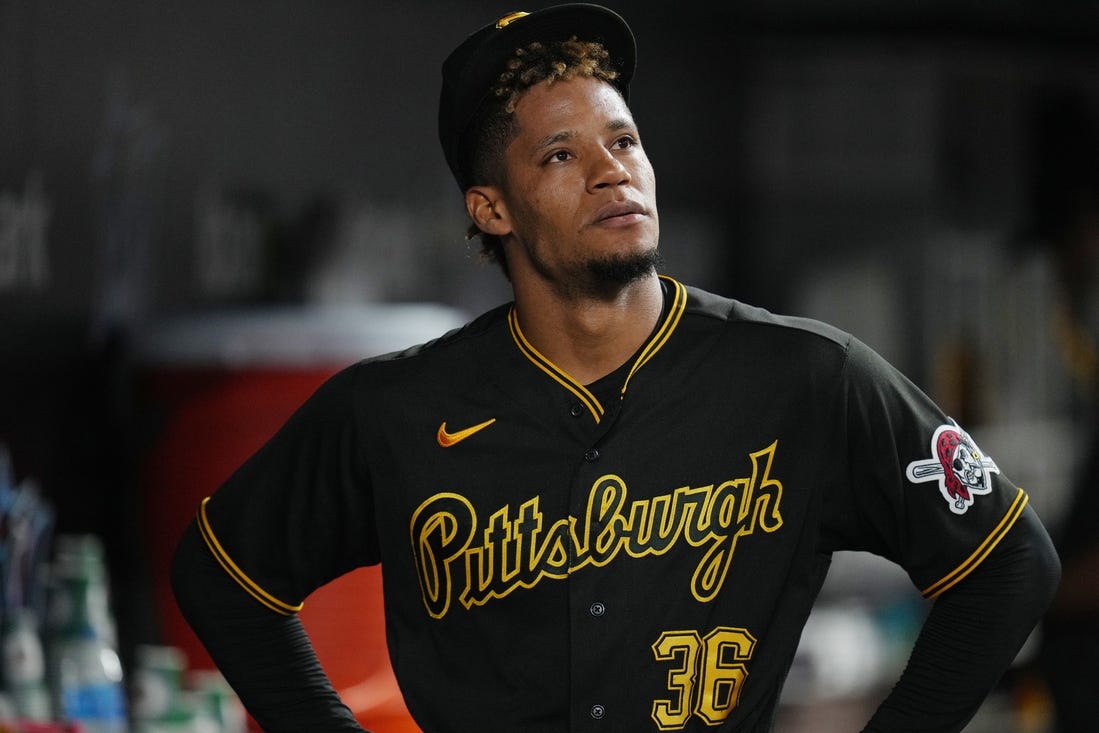 Jun 22, 2023; Miami, Florida, USA;  Pittsburgh Pirates relief pitcher Dauri Moreta (36) looks on after being taken out of the game against the Miami Marlins in the eighth inning at loanDepot Park. Mandatory Credit: Jim Rassol-USA TODAY Sports