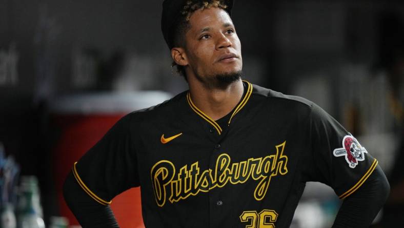 Jun 22, 2023; Miami, Florida, USA;  Pittsburgh Pirates relief pitcher Dauri Moreta (36) looks on after being taken out of the game against the Miami Marlins in the eighth inning at loanDepot Park. Mandatory Credit: Jim Rassol-USA TODAY Sports