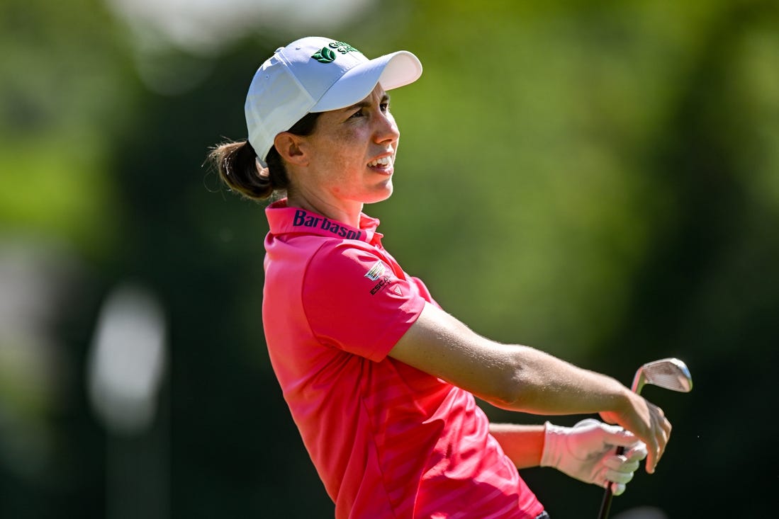 Jun 25, 2023; Springfield, New Jersey, USA; Carlota Ciganda tees off on the 4th hole during the final round of the KPMG Women's PGA Championship golf tournament. Mandatory Credit: John Jones-USA TODAY Sports