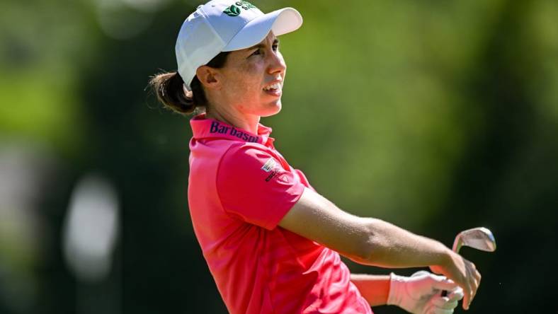 Jun 25, 2023; Springfield, New Jersey, USA; Carlota Ciganda tees off on the 4th hole during the final round of the KPMG Women's PGA Championship golf tournament. Mandatory Credit: John Jones-USA TODAY Sports