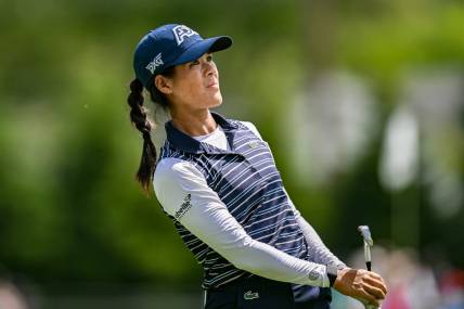 Jun 25, 2023; Springfield, New Jersey, USA; Celine Boutier tees off on the 4th hole during the final round of the KPMG Women's PGA Championship golf tournament. Mandatory Credit: John Jones-USA TODAY Sports