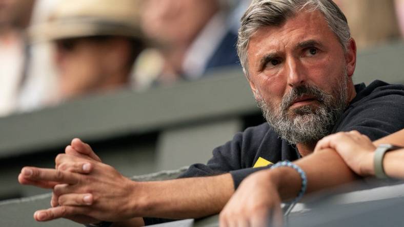 Jul 11, 2023; London, United Kingdom; Goran Ivanisevic in attendance for the Novak Djokovic (SRB) and Andrey Rublev match on day nine at the All England Lawn Tennis and Croquet Club. Mandatory Credit: Susan Mullane-USA TODAY Sports