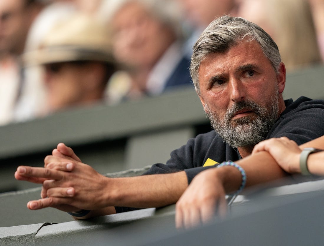 Jul 11, 2023; London, United Kingdom; Goran Ivanisevic in attendance for the Novak Djokovic (SRB) and Andrey Rublev match on day nine at the All England Lawn Tennis and Croquet Club. Mandatory Credit: Susan Mullane-USA TODAY Sports
