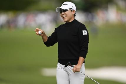 Jul 9, 2023; Pebble Beach, California, USA; Jiyai Shin reacts after her putt on the 18th hole during the final round of the U.S. Women's Open golf tournament at Pebble Beach Golf Links. Mandatory Credit: Kelvin Kuo-USA TODAY Sports