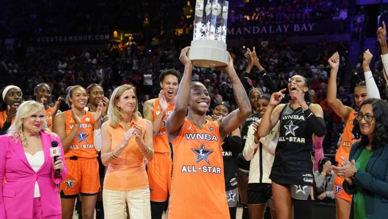 Jul 15, 2023; Las Vegas, NV, USA; Team Wilson guard Jewell Loyd (24) holds the MVP award during the 2023 WNBA All-Star Game at Michelob Ultra Arena. Mandatory Credit: Lucas Peltier-USA TODAY Sports