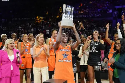 Jul 15, 2023; Las Vegas, NV, USA; Team Wilson guard Jewell Loyd (24) holds the MVP award during the 2023 WNBA All-Star Game at Michelob Ultra Arena. Mandatory Credit: Lucas Peltier-USA TODAY Sports