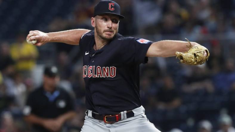 Jul 18, 2023; Pittsburgh, Pennsylvania, USA; Cleveland Guardians relief pitcher Trevor Stephan (37) pitches against the Pittsburgh Pirates during the seventh inning at PNC Park. Mandatory Credit: Charles LeClaire-USA TODAY Sports