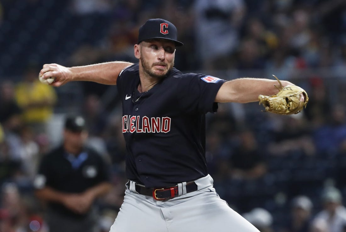 Jul 18, 2023; Pittsburgh, Pennsylvania, USA; Cleveland Guardians relief pitcher Trevor Stephan (37) pitches against the Pittsburgh Pirates during the seventh inning at PNC Park. Mandatory Credit: Charles LeClaire-USA TODAY Sports