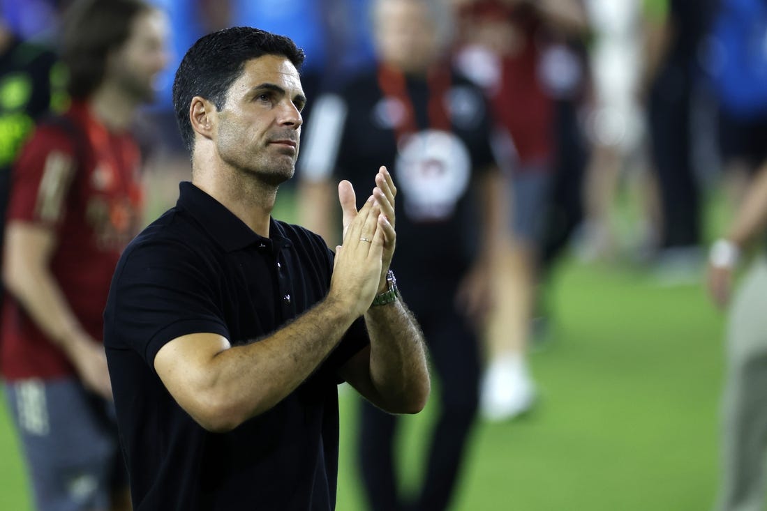 Jul 19, 2023; Washington, DC, USA; Arsenal head coach Mikel Arteta reacts after the game against MLS of the 2023 MLS All Star Game at Audi Field. Mandatory Credit: Geoff Burke-USA TODAY Sports