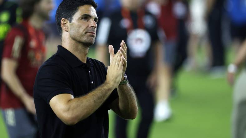 Jul 19, 2023; Washington, DC, USA; Arsenal head coach Mikel Arteta reacts after the game against MLS of the 2023 MLS All Star Game at Audi Field. Mandatory Credit: Geoff Burke-USA TODAY Sports