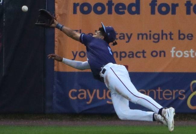 Wilmington's Daylen Lile dives but can't get to a long Renegade drive in the fourth inning of the Blue Rocks' 6-3 loss at Frawley Stadium, Friday, August 4, 2023.