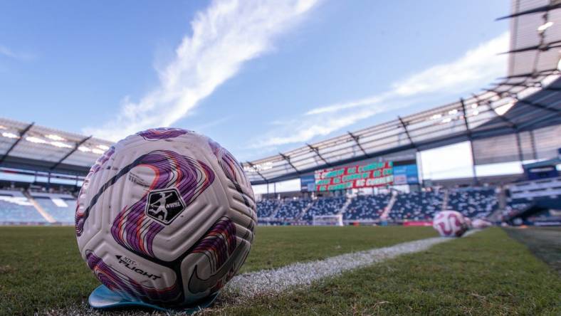 Aug 5, 2023; Kansas City, KS, USA; General view of a practice ball before the match between Racing Louisville FC and Kansas City Current at Children's Mercy Park. Mandatory Credit: William Purnell-USA TODAY Sports