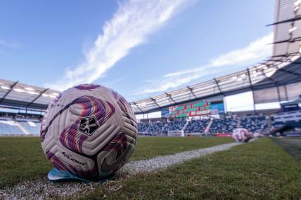 Aug 5, 2023; Kansas City, KS, USA; General view of a practice ball before the match between Racing Louisville FC and Kansas City Current at Children's Mercy Park. Mandatory Credit: William Purnell-USA TODAY Sports