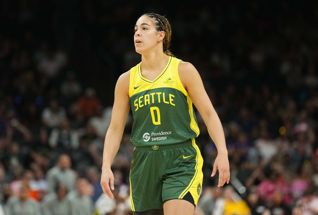 Aug 5, 2023; Phoenix, Arizona, USA; Seattle Storm guard Kia Nurse (0) looks on against the Phoenix Mercury during the second half at Footprint Center. Mandatory Credit: Joe Camporeale-USA TODAY Sports