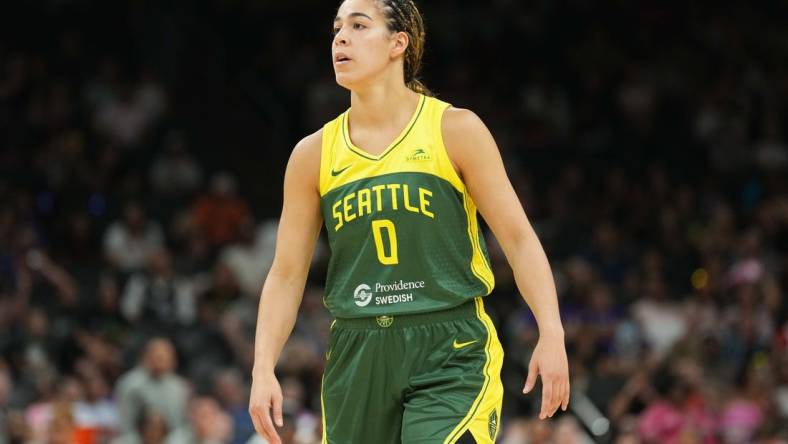 Aug 5, 2023; Phoenix, Arizona, USA; Seattle Storm guard Kia Nurse (0) looks on against the Phoenix Mercury during the second half at Footprint Center. Mandatory Credit: Joe Camporeale-USA TODAY Sports