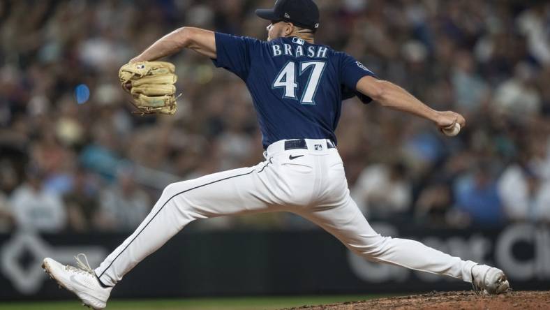 Aug 8, 2023; Seattle, Washington, USA; Seattle Mariners reliever Matt Brash (47) delivers a pitch during the eighth inning against the San Diego Padres at T-Mobile Park. Mandatory Credit: Stephen Brashear-USA TODAY Sports