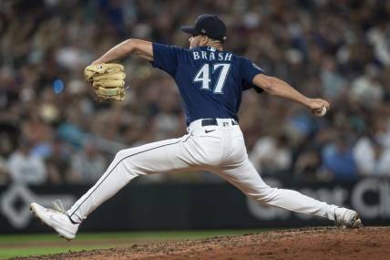Aug 8, 2023; Seattle, Washington, USA; Seattle Mariners reliever Matt Brash (47) delivers a pitch during the eighth inning against the San Diego Padres at T-Mobile Park. Mandatory Credit: Stephen Brashear-USA TODAY Sports
