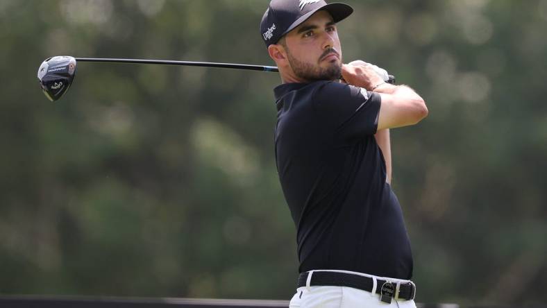 Aug 12, 2023; Bedminster, New Jersey, USA; Abraham Ancer plays his shot from the third tee during the second round of the LIV Golf Bedminster golf tournament at Trump National Bedminster. Mandatory Credit: Vincent Carchietta-USA TODAY Sports