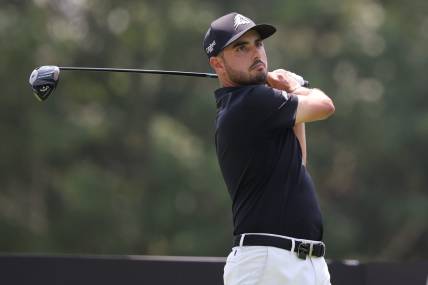 Aug 12, 2023; Bedminster, New Jersey, USA; Abraham Ancer plays his shot from the third tee during the second round of the LIV Golf Bedminster golf tournament at Trump National Bedminster. Mandatory Credit: Vincent Carchietta-USA TODAY Sports