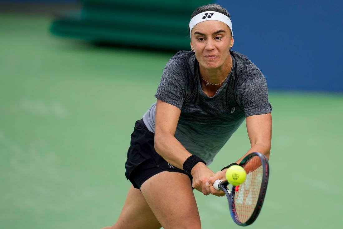 Anhelina Kalinina returns a shot in the third set of the Round of 32 match between Ons Jaebeur (TUN) and Anhelina Kalinina (Ukraine) in the Western & Southern Open at the Lindner Family Tennis Center in Mason, Ohio, on Tuesday, Aug. 15, 2023. Jaebeur won the match, 6-3, 6-7, 7-6.