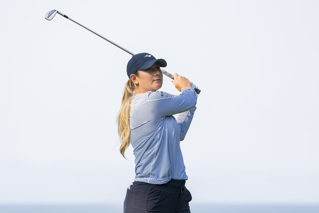 Aug 24, 2023; Vancouver, British Columbia, CAN; Bailey Tardy tees off on the twelfth hole during the first round of the CPKC Women's Open golf tournament at Shaughnessy Golf & Country Club. Mandatory Credit: Bob Frid-USA TODAY Sports