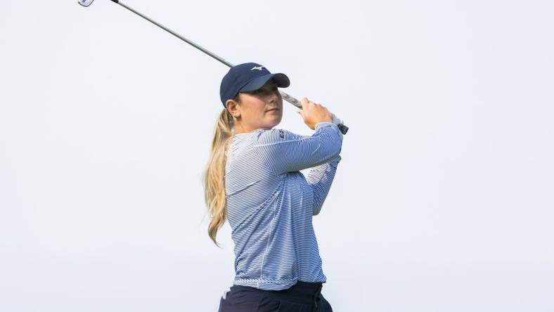 Aug 24, 2023; Vancouver, British Columbia, CAN; Bailey Tardy tees off on the twelfth hole during the first round of the CPKC Women's Open golf tournament at Shaughnessy Golf & Country Club. Mandatory Credit: Bob Frid-USA TODAY Sports