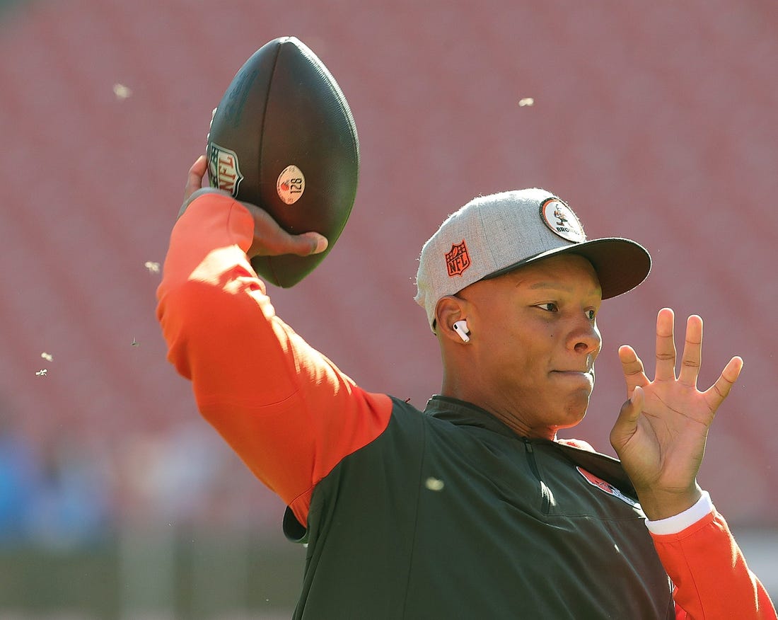 Browns quarterback Josh Dobbs warms up before playing the Los Angeles Chargers on Sunday, Oct. 9, 2022 in Cleveland.