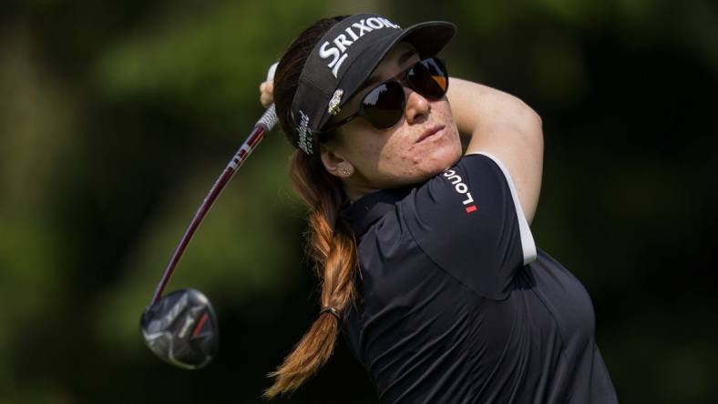 Aug 27, 2023; Vancouver, British Columbia, CAN; Hannah Green tees of on the fourth hole during the final round of the CPKC Women's Open golf tournament at Shaughnessy Golf & Country Club. Mandatory Credit: Bob Frid-USA TODAY Sports