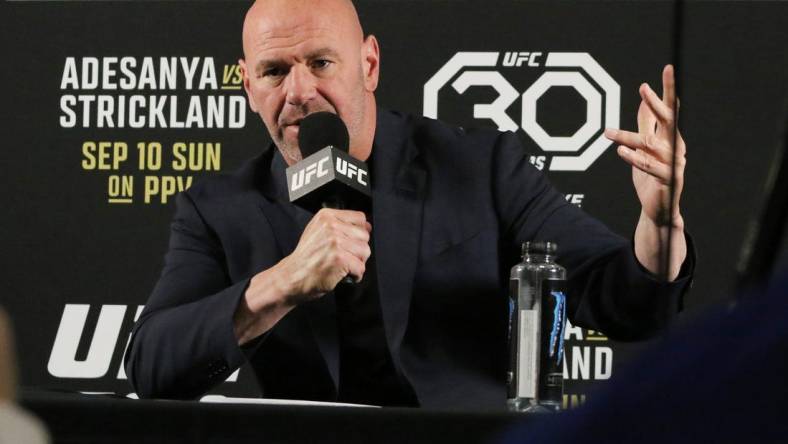 Sep 9, 2023; Sydney, NSW, AUSTRALIA; UFC President Dana White speaks at a press conference after the fight of Israel Adesanya and Sean Strickland during UFC 293 at Qudos Bank Arena. Mandatory Credit: Jasmin Frank-USA TODAY Sports