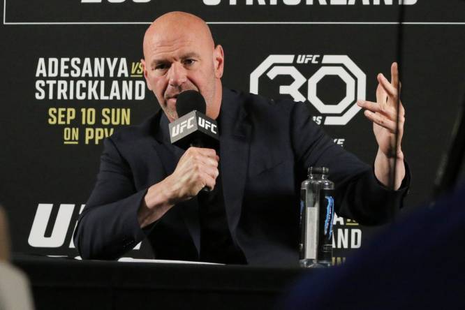 Sep 9, 2023; Sydney, NSW, AUSTRALIA; UFC President Dana White speaks at a press conference after the fight of Israel Adesanya and Sean Strickland during UFC 293 at Qudos Bank Arena. Mandatory Credit: Jasmin Frank-USA TODAY Sports
