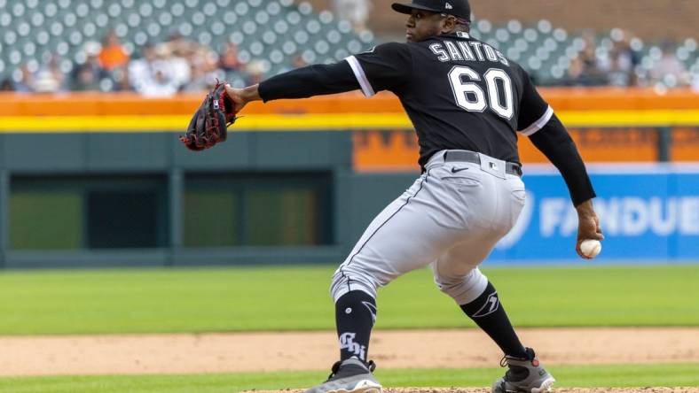 Sep 10, 2023; Detroit, Michigan, USA; Chicago White Sox relief pitcher Gregory Santos (60) throws in the seventh inning against the Detroit Tigers at Comerica Park. Mandatory Credit: David Reginek-USA TODAY Sports