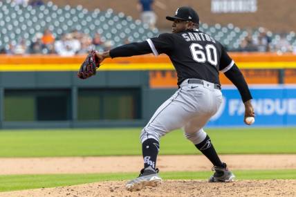 Sep 10, 2023; Detroit, Michigan, USA; Chicago White Sox relief pitcher Gregory Santos (60) throws in the seventh inning against the Detroit Tigers at Comerica Park. Mandatory Credit: David Reginek-USA TODAY Sports