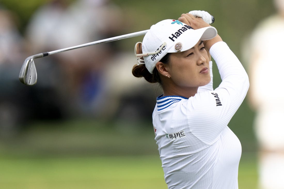 Sep 10, 2023; Cincinnati, Ohio, USA; Minjee Lee, of Australia, hits an approach shot on the 17th hole during the 2023 Kroger Queen City Championship in at Kenwood Country Club. Mandatory Credit: Albert Cesare-USA TODAY Sports