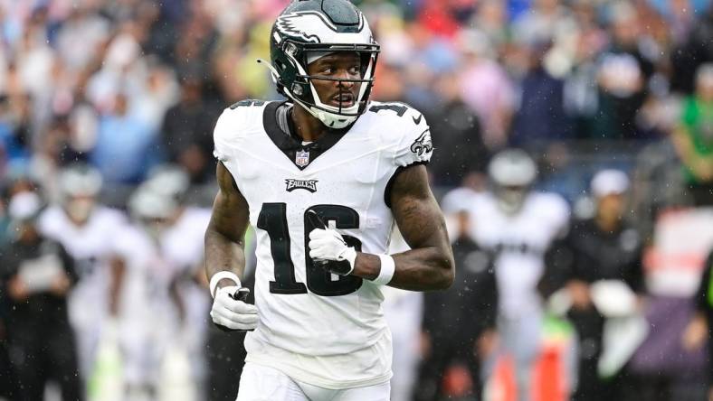 Sep 10, 2023; Foxborough, Massachusetts, USA; Philadelphia Eagles wide receiver Quez Watkins (16) between plays during the first half against the New England Patriots at Gillette Stadium. Mandatory Credit: Eric Canha-USA TODAY Sports