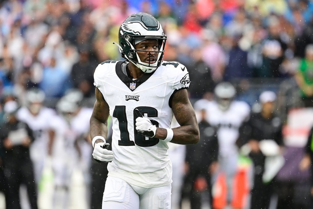 Sep 10, 2023; Foxborough, Massachusetts, USA; Philadelphia Eagles wide receiver Quez Watkins (16) between plays during the first half against the New England Patriots at Gillette Stadium. Mandatory Credit: Eric Canha-USA TODAY Sports