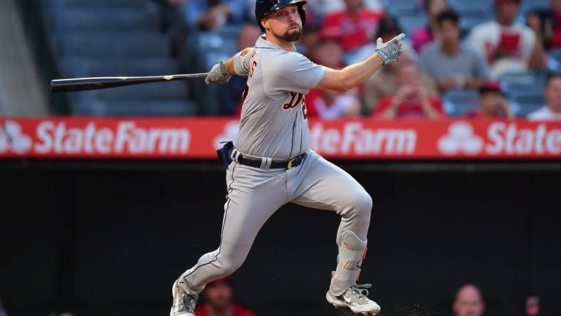 Sep 15, 2023; Anaheim, California, USA; Detroit Tigers third baseman Andre Lipcius (27) hits an RBI double against the Los Angeles Angels during the first inning at Angel Stadium. Mandatory Credit: Gary A. Vasquez-USA TODAY Sports