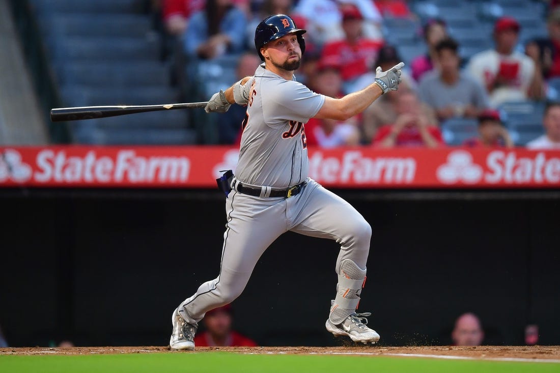 Sep 15, 2023; Anaheim, California, USA; Detroit Tigers third baseman Andre Lipcius (27) hits an RBI double against the Los Angeles Angels during the first inning at Angel Stadium. Mandatory Credit: Gary A. Vasquez-USA TODAY Sports